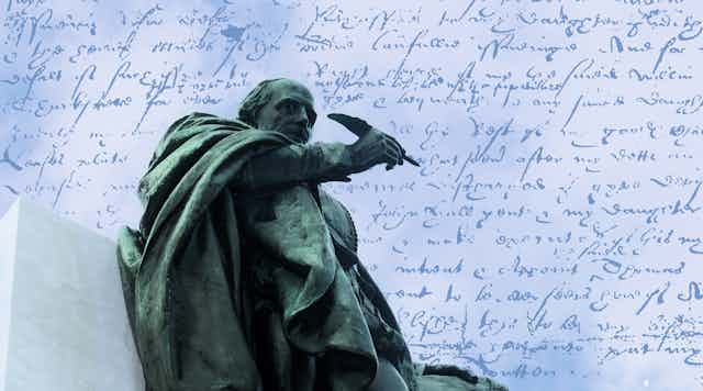 Shakespeare statue with words in the background.