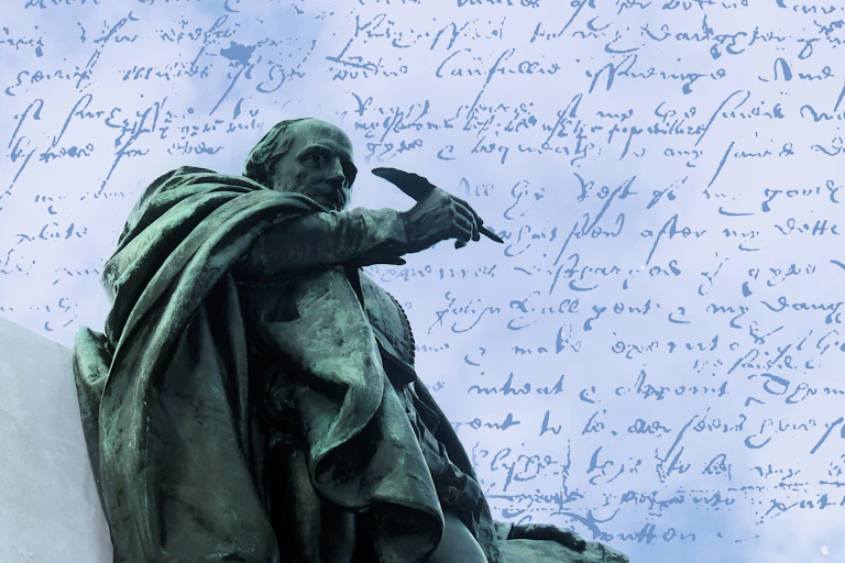 Shakespeare statue with words in the background.