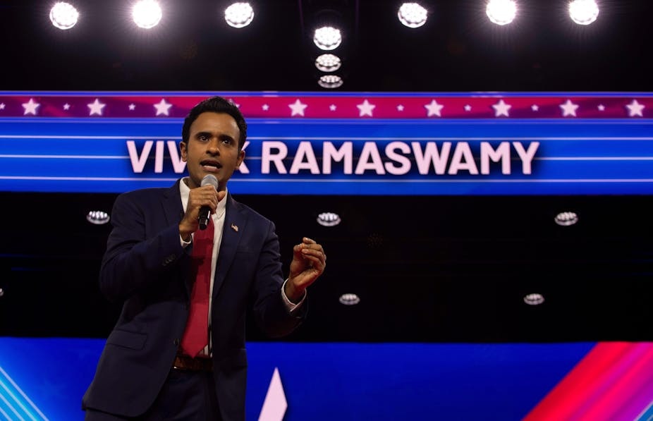 Republican presidential primary candidate Vivek Ramaswamy speaks at CPAC-DC, an annual gathering of conservative donors and political activists in the Washington, DC area.