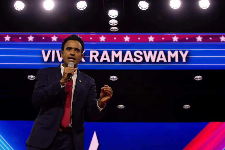 Republican presidential primary candidate Vivek Ramaswamy speaks at CPAC-DC, an annual gathering of conservative donors and political activists in the Washington, DC area.