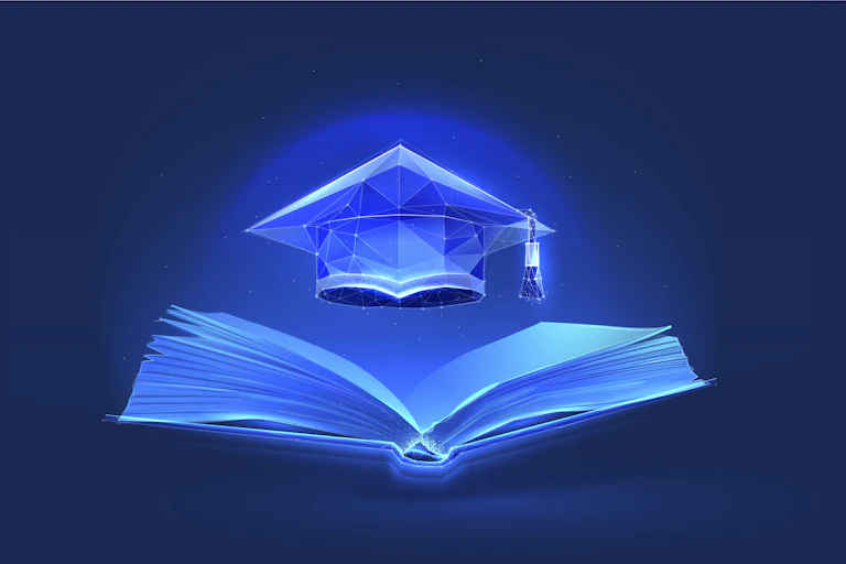 Blue light illuminates a graduation cap that is hovering over an open book.
