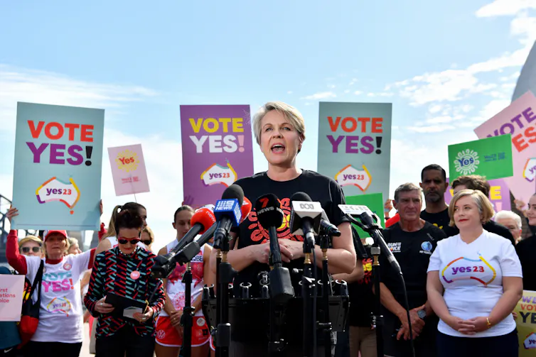 Environment and Water Minister Tanya Plibersek speaks to the media, surrounded by microphones, with a group of people holding 'Vote Yes' posters in the background, against a blue sky.