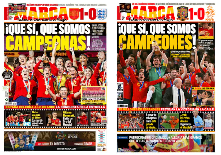 Las portadas de _Marca_ en agosto de 2023, tras la victoria de la selección femenina de fútbol en el Mundial, y la de julio de 2007, tras la victoria de la selección masculina de fútbol en el Mundial. Ambas titular ¡Que sí, que somos campeonas/campeones!.