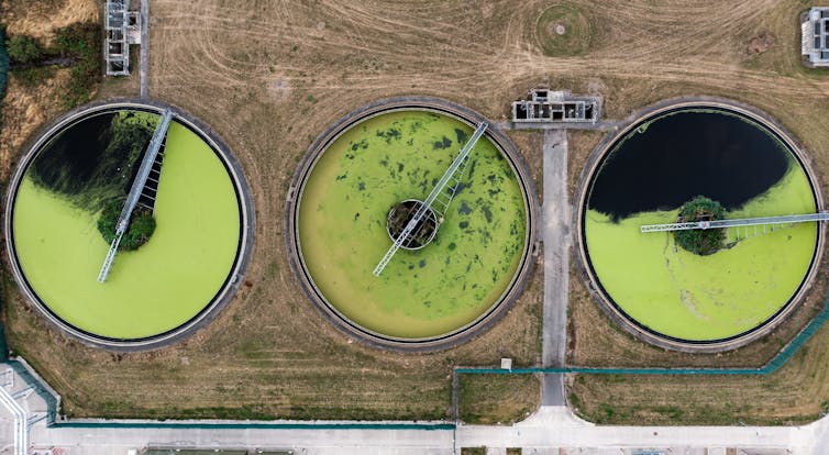 An aerial view of a wastewater treatment works.