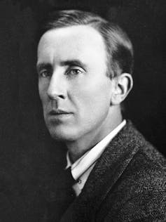A black and white photograph of J.R.R. Tolkien.