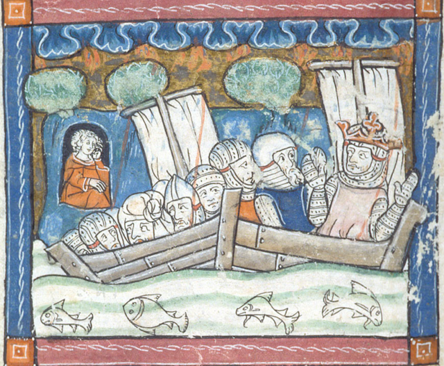 Knights travel to battle in an illustration from a Medieval manuscript.