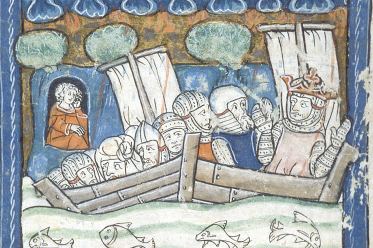 Knights travel to battle in an illustration from a Medieval manuscript.
