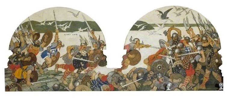 A mural of the battle of Maldon showing warriors with winged helmets fighting by the sea.