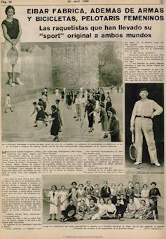 Página del periódico _As_ del 20 de abril de 1936 con un reportaje titulado 'Eibar fabrica, además de armas y bicicletas, pelotaris femeninos'.