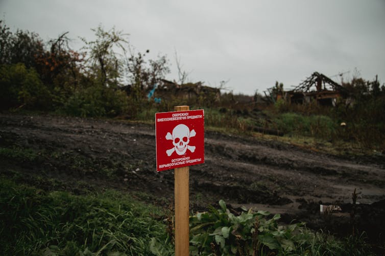 A red skull and crossbones placard warns people of landmines in the area.