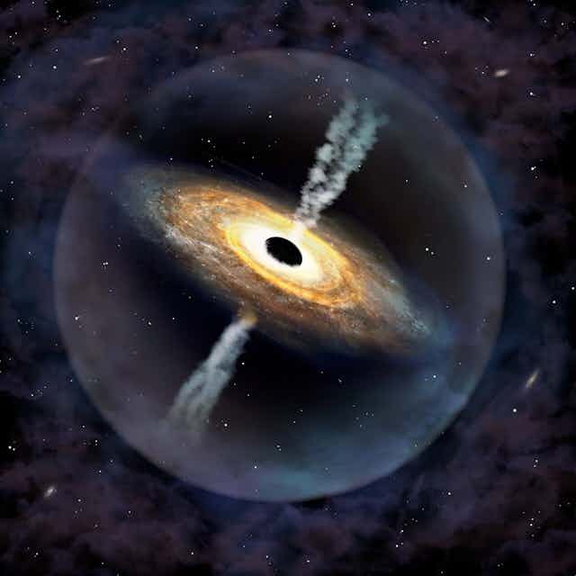A bright, circular galactic cloud with a spherical hole in the middle, with smoke coming out both ends, all against a background of dark purple smoke and white stars. 