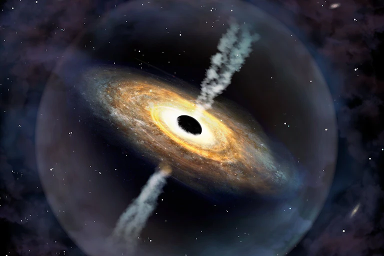 A bright, circular galactic cloud with a spherical hole in the middle, with smoke coming out both ends, all against a background of dark purple smoke and white stars.
