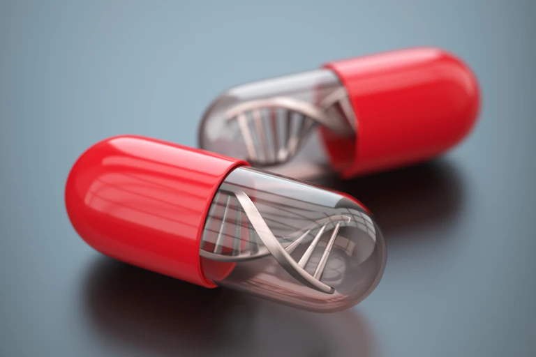 Illustration of two red pill capsules with DNA inside them
