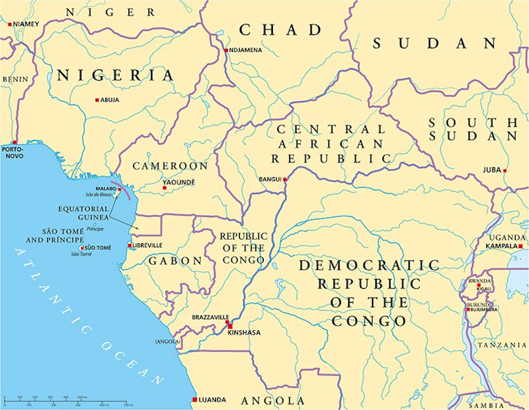 Map of central and west African countries.