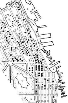 A black and white aerial map of a city.
