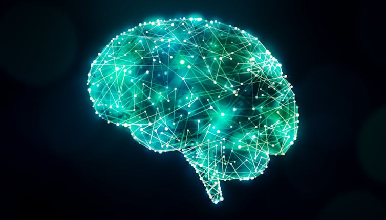 An illustration showing a brain filled with dots linked by lines.