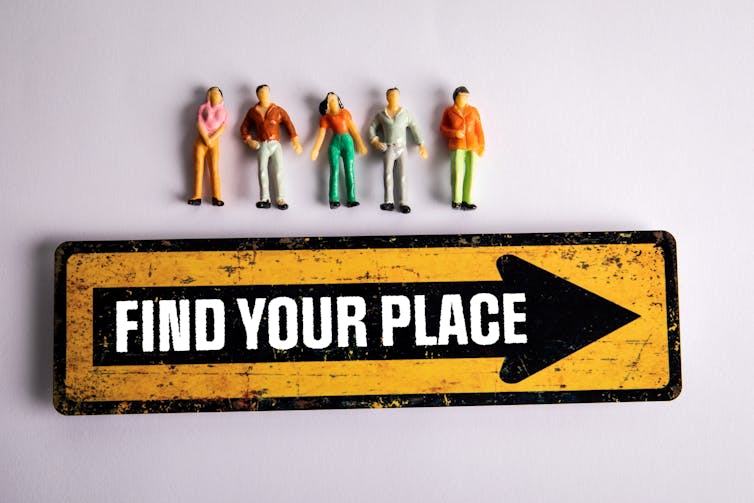 A yellow sign with an arrow says'find your place,' with five plastic human figurines posed above it.