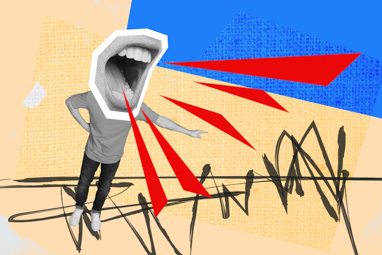 A created pop-art collage image with a person with a large mouth yelling.
