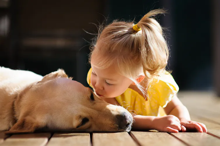 Une petite fille blonde allongée sur le sol embrassant un grand chien blond
