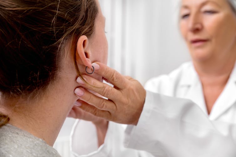 doctor checks patients neck glands