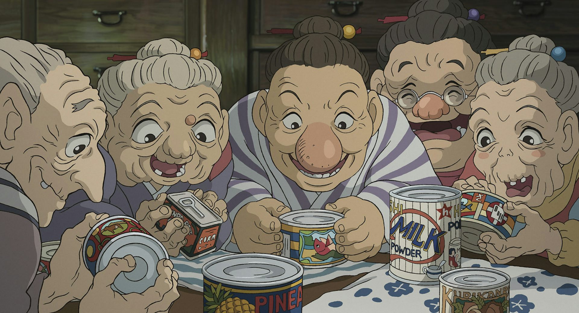 animation of old ladies excitedly opening cans.