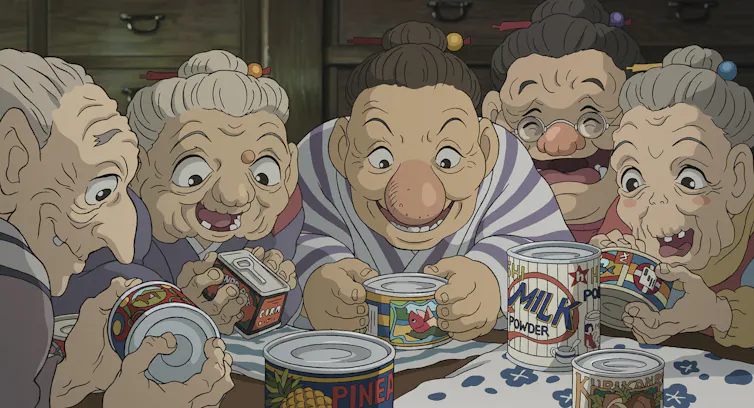 animation of old ladies excitedly opening cans.