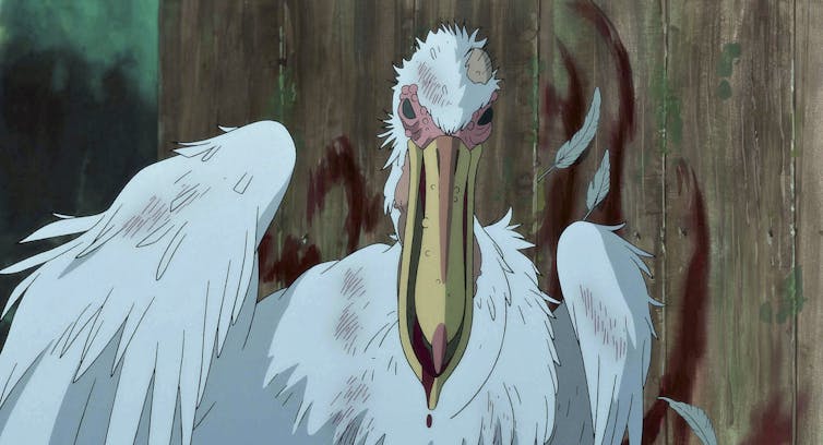 A frightening animation of a white pelican bird with pink eyes.