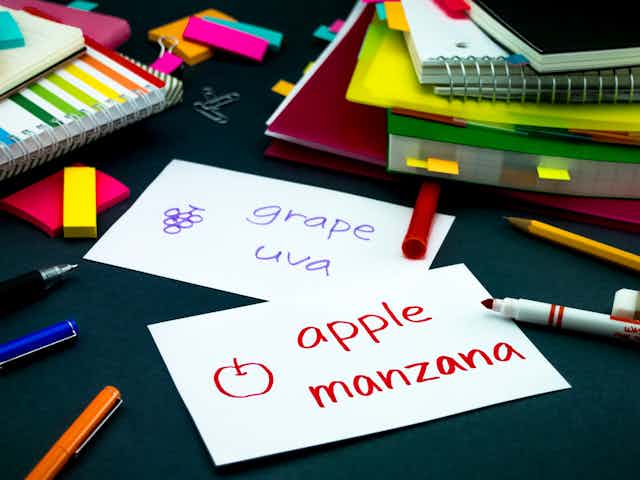 Dos tarjetones en los que se lee "grape" y "uva"; y "apple" y "manzana".
