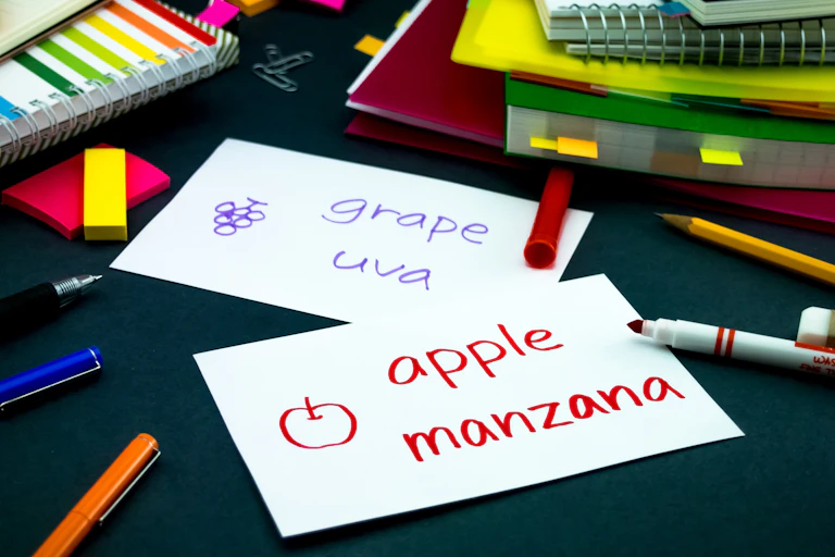 Dos tarjetones en los que se lee "grape" y "uva"; y "apple" y "manzana".