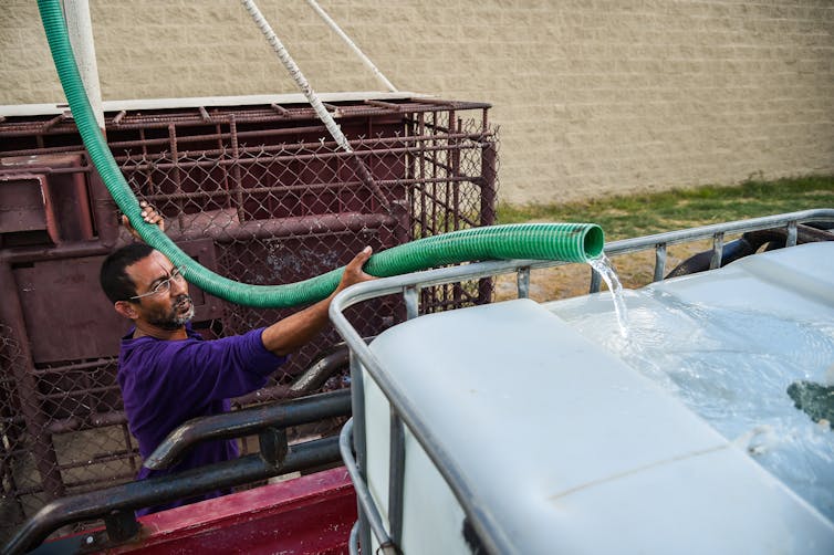 A man squints into the sun as he holds a large hose that pours water into a tank in the back of a pickup truck.