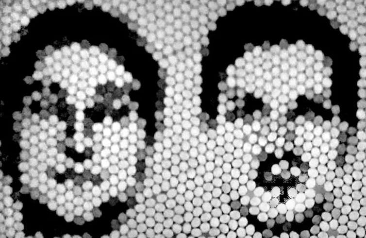 Achromatic images of two human faces with very low resolution.