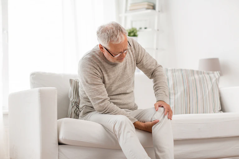An older man sitting on a couch holds his knee in pain.