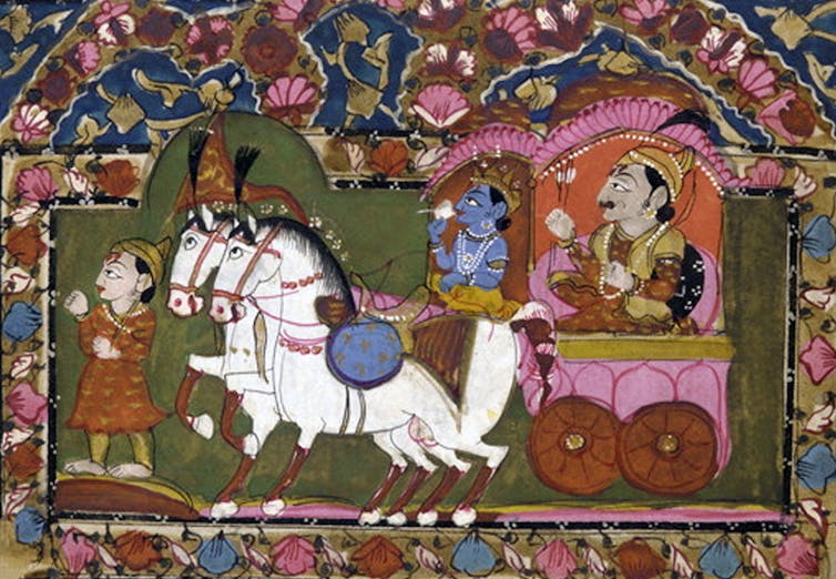 A painting showing a charioteer with blue skin color while behind him sits a warrior holding arrows.