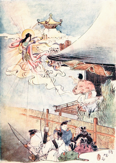 A Japanese painting of a woman in the sky.
