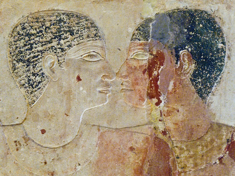 A painting from the ancient Egyptian tomb of Niankhkhum and Khnumhotep, royal servants whom some scholars have interpreted to be lovers. A painting from the ancient Egyptian tomb of Niankhkhum and Khnumhotep, royal servants whom some scholars have interpreted to be lovers.