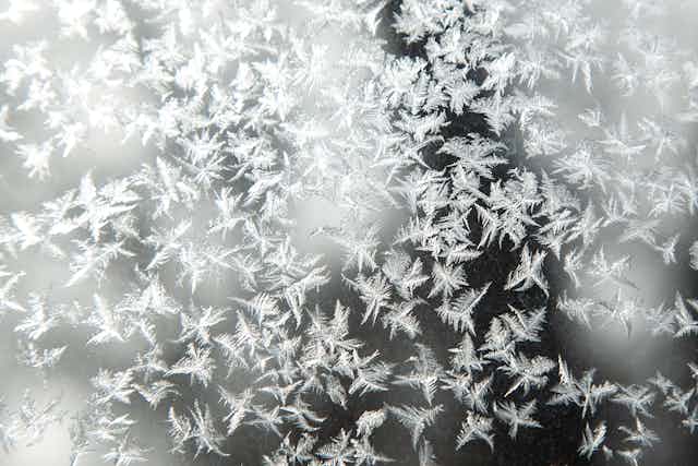 Frost crystals forming on a pane of glass.