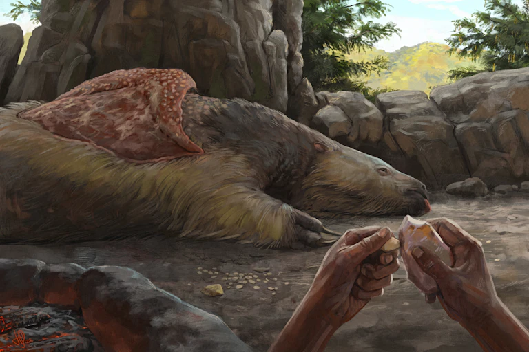 Ilustração mostra carcaça de preguiça gigante enquanto um dos ocupantes do Abrigo de Santa Elina trabalha na fabricação de joias com seus ossos