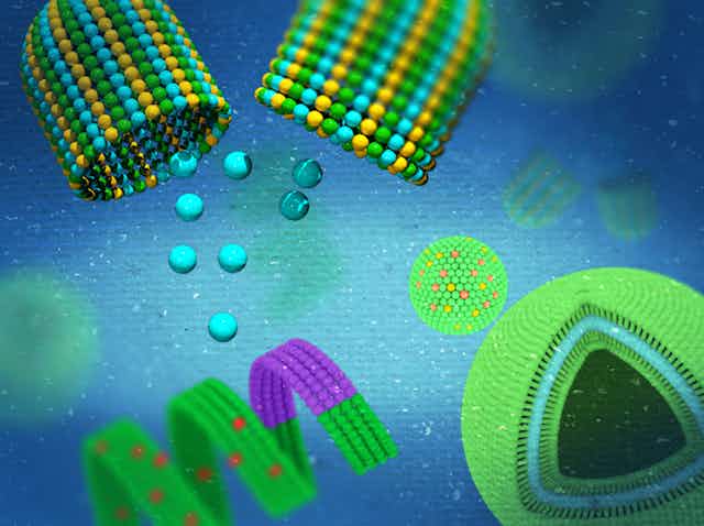 Illustrated nanoparticles, including a green and purple sprial made up of tiny spheres, a sphere made up of smaller spheres, and two cup shapes made up of small spheres, against a blue background. 
