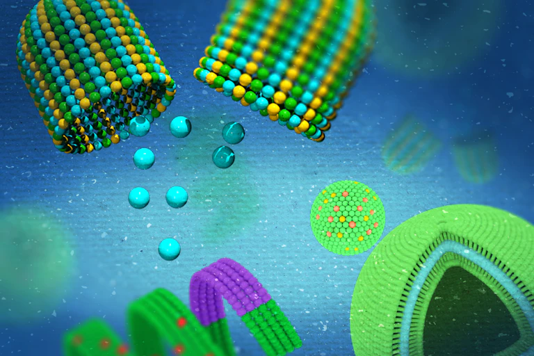 Illustrated nanoparticles, including a green and purple sprial made up of tiny spheres, a sphere made up of smaller spheres, and two cup shapes made up of small spheres, against a blue background.
