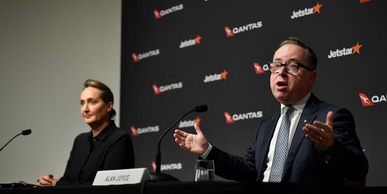 Incoming Qantas chief executive Vanessa Hudson (left), and Qantas CEO Alan Joyce speak to media during a press conference at the Qantas Campus in Sydney, Thursday, August 24, 2023.