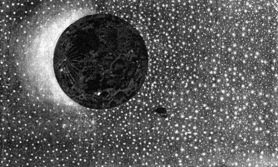 An engraving of a starry sky and the moon.