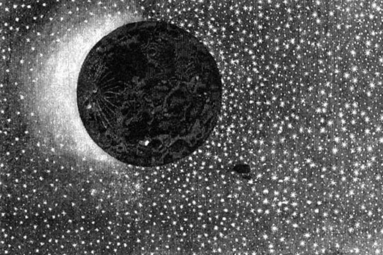 An engraving of a starry sky and the moon.