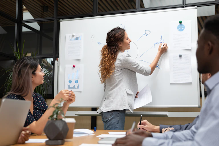 A woman writing on a whiteboard in front of a table of other people