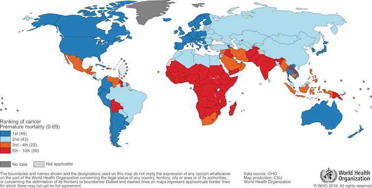 Mapa mundial com países coloridos de acordo com o lugar que o câncer ocupa como causa de mortes prematuras