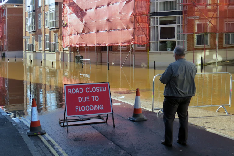 A man stands in a flooded street in front of a sign that says 'road closed due to flooding'.