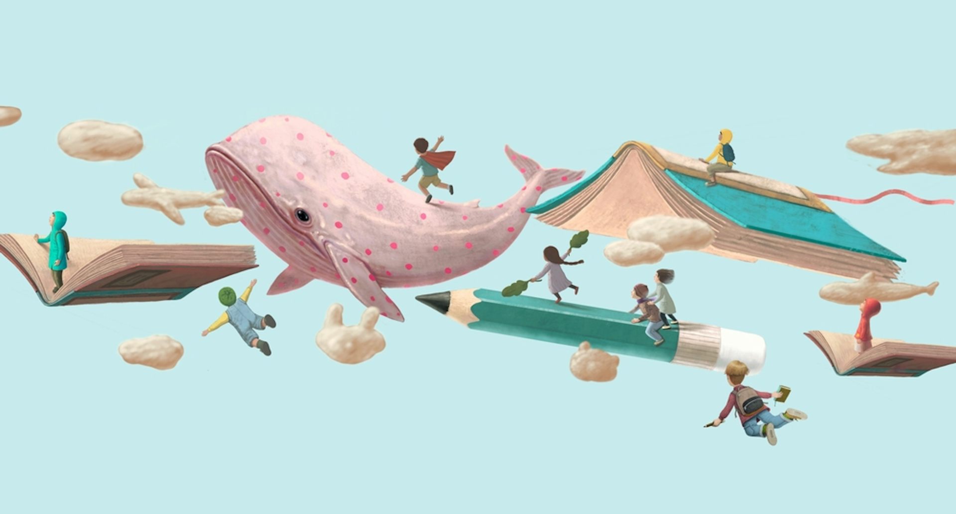 Enfants rêvant de voler entre des nuages, des livres et des animaux fantastiques