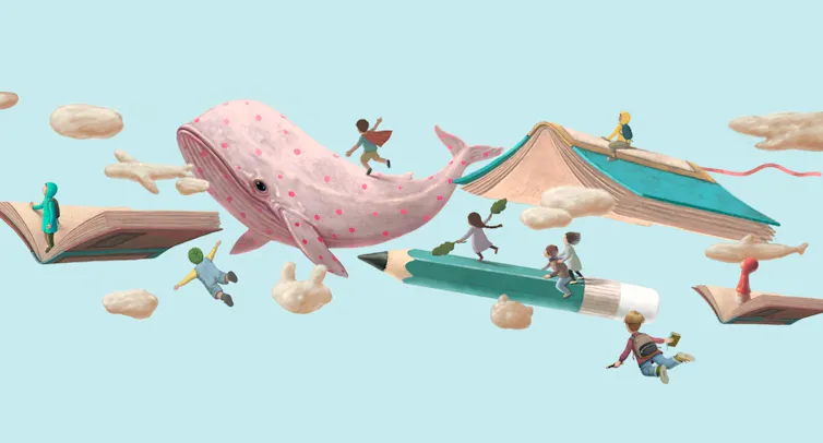 Enfants rêvant de voler entre des nuages, des livres et des animaux fantastiques