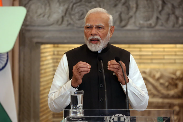India prime minister Narendra Modi speaks during his visit to Greece, August 2023.