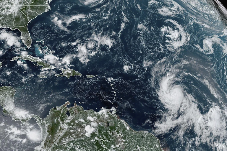 Satellite image showing Hurricane Lee over the ocean..