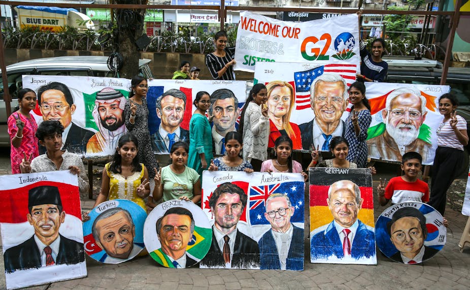 Painted portraits of world leaders attending this years G20 meeting in New Delhi, India.